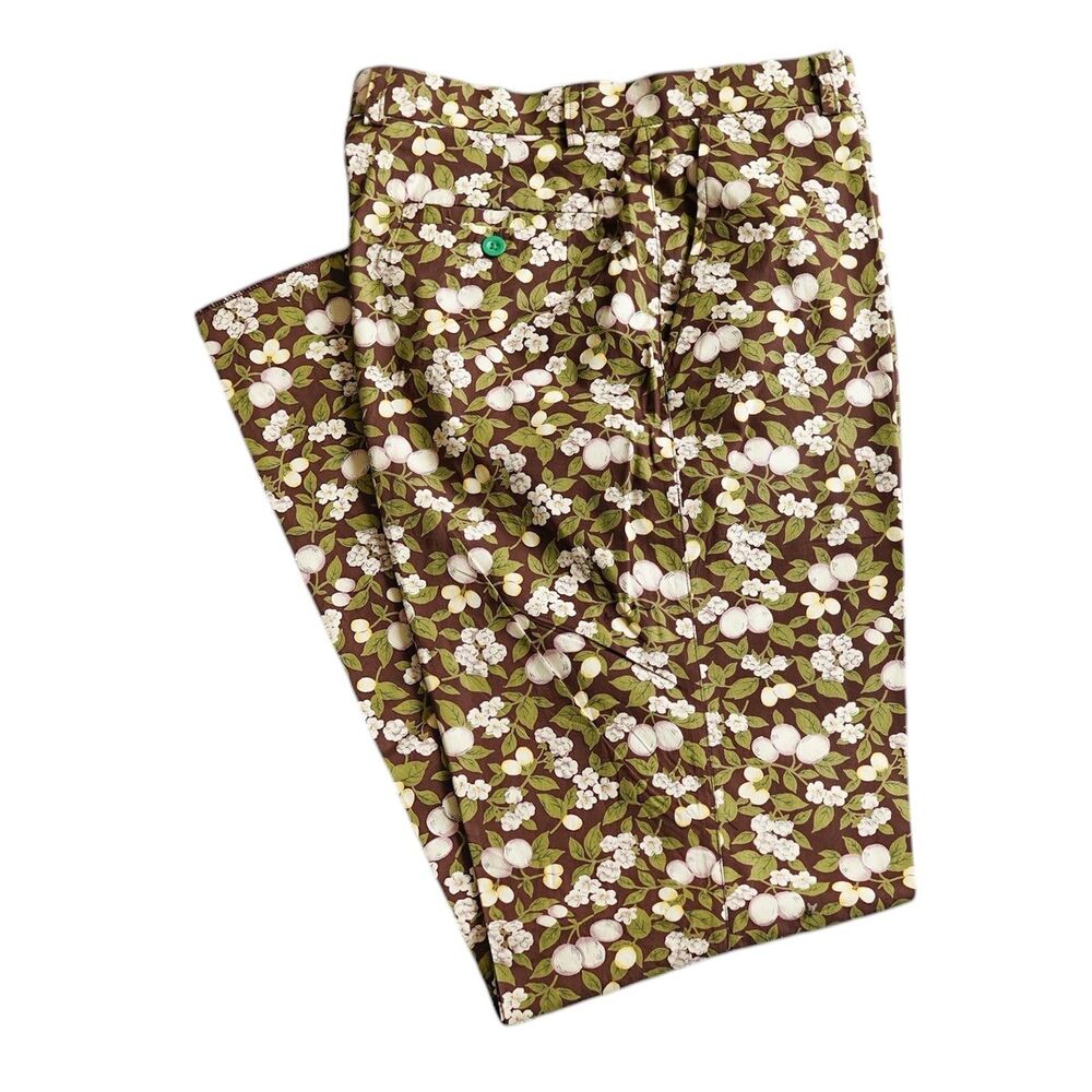 Mens 32 Brown Green Floral Print Pants Cotton Straight Fit Dress Trousers NWT